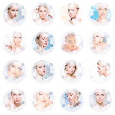 美丽的脸年轻和健康的女孩在拼贴画。整形外科、护肤、化妆品及面部提升收藏理念.