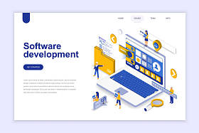 软件开发现代平面设计的等距概念。开发者和人的概念。登录页模板。用于 web 和图形设计的概念等距向量图