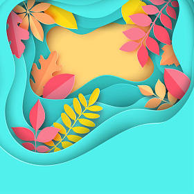 纸秋枫、橡木等叶子粉彩色底色。时尚折纸深剪纸风格。波浪线和柔和的阴影