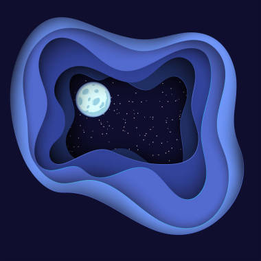 夜空中閃耀著星星, 愚弄著月亮。紙藝術3d 抽象背景與折紙形狀。紙波, 層狀紋理。幾何設計布