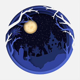 纸艺术万圣节背景与闹鬼的房子, 傻瓜月亮, 墓地与坟墓, 夜空与星星, 死树。现代剪纸风格传单或万圣节派对请柬模板. 