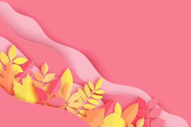 紙秋楓、橡木等樹葉和波浪粉彩色底色。時尚折紙剪紙風格矢量插畫