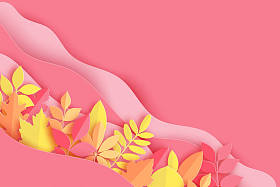 纸秋枫、橡木等树叶和波浪粉彩色底色。时尚折纸剪纸风格矢量插画