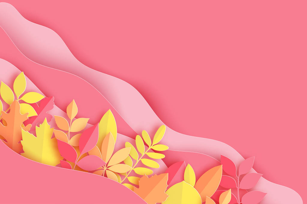 纸秋枫、橡木等树叶和波浪粉彩色底色。时尚折纸剪纸风格矢量插画 纸秋枫、橡木等树叶和波浪粉彩色底色。时尚折纸剪纸风格矢量插画