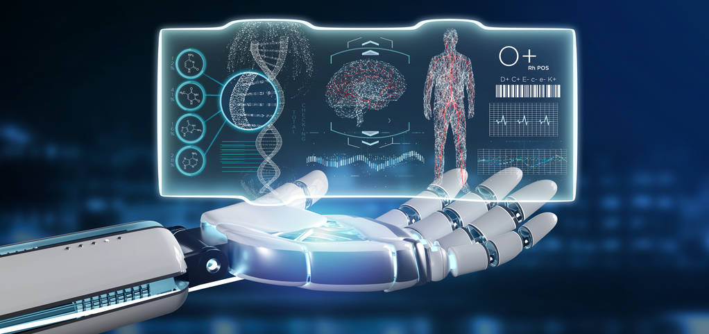 一个手持未来主义模板的机器人手的视图,医疗接口hud 3D渲染 一个手持未来主义模板的机器人手的视图,医疗接口hud 3D渲染