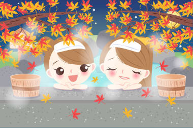 卡通女孩笑得開心與溫泉照片