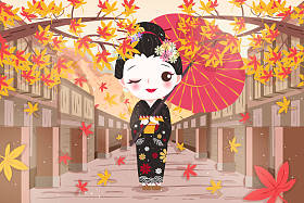 可爱的卡通艺妓穿着和服与枫木