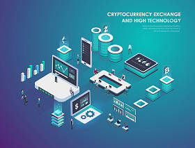 Cryptocurrency 和 blockchain 的等距组合, 虚拟增强现实概念与商界人士。智能城市技术。登录页模板。等距向量图
