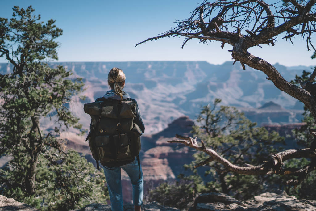 背着背包的年轻女子的背景色探索美国的野生性质徒步旅行在国家公园, 女性旅行者在大峡谷环境中冒险旅程寻找徒步的方向