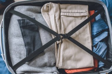 在旅行者手提箱中提升的衣服視圖