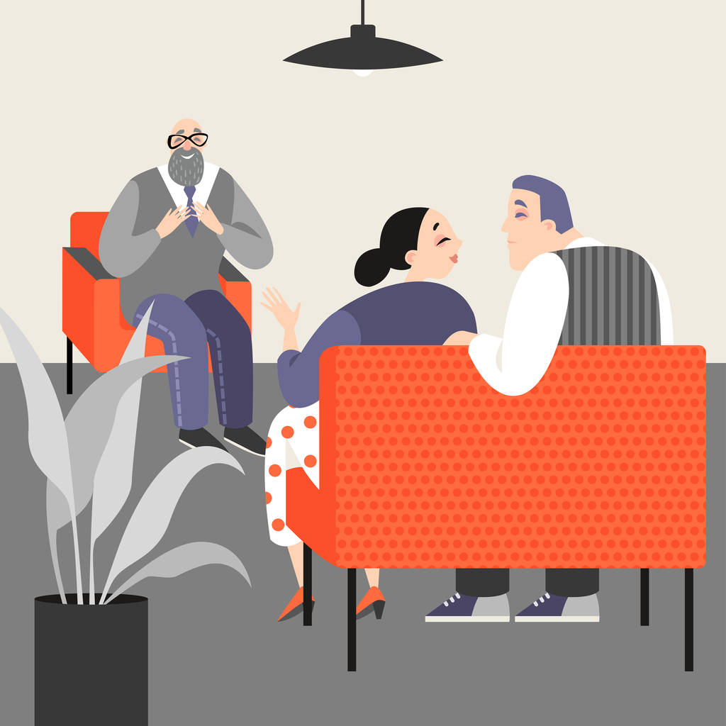 一对夫妇在心理医生的预约中讨论他们的问题。家庭治疗。卡通风格中的矢量插画 一对夫妇在心理医生的预约中讨论他们的问题。家庭治疗。卡通风格中的矢量插画