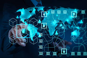 Blockchain 技术概念与链子和加密的块的图. 商人使用新的现代计算机显示社会网络结构