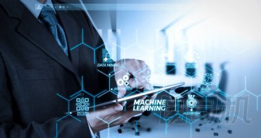 機(jī)器學(xué)習(xí)技術(shù)圖與人工智能 (Ai), 神經(jīng)網(wǎng)絡(luò), 自動(dòng)化, 數(shù)據(jù)挖掘在 Vr 屏幕。商人手用數(shù)碼片在會(huì)議室背景下工作