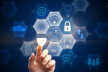 商人手指着数字业务界面上抽象模糊的背景。未来的创新和媒体的概念。3d 渲染 