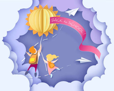 回到學(xué)校卡片與孩子、 葉子和太陽(yáng)