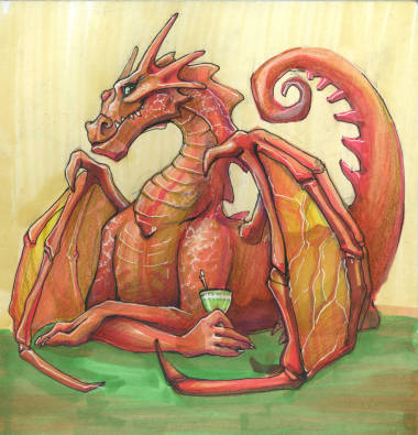 红龙女饮鸡尾酒坐在餐桌