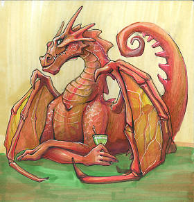 红龙女饮鸡尾酒坐在餐桌