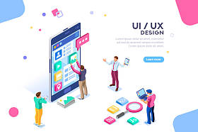 具有设计器的字符和文本的 Ui 设计概念。设备内容放置图表。软件组, 套件为电话 seo 编程。数字英雄创意平面等距向量图解