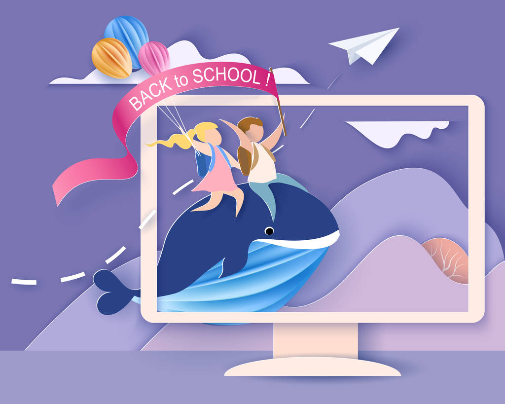 卡片与孩子坐在鲸鱼飞行在天空 卡片与孩子坐在鲸鱼飞行在天空