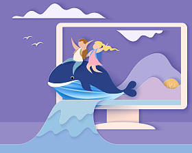 卡片与孩子坐在鲸鱼飞行在天空