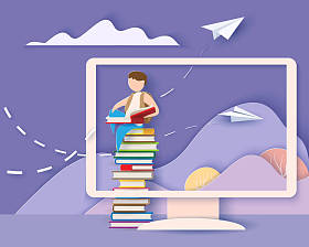 卡片与孩子坐在鲸鱼飞行在天空