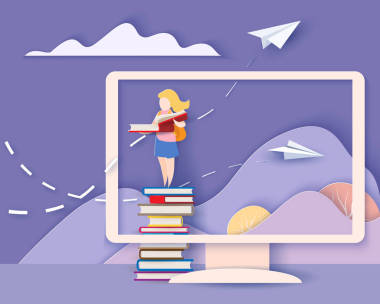 卡片與孩子坐在鯨魚(yú)飛行在天空