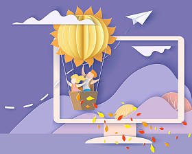 卡片与孩子坐在鲸鱼飞行在天空