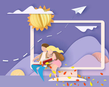 卡片與孩子坐在鯨魚(yú)飛行在天空