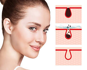 美丽的妇女展示如何污染和清洁脸上的毛孔