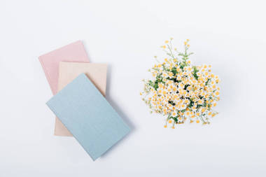 女性辦公桌上有一束小雛菊和一堆三本書, 頂部視圖。平面布置論白底研究的概念