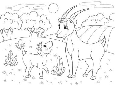 儿童卡通着色书。一个家庭在一片草地山羊