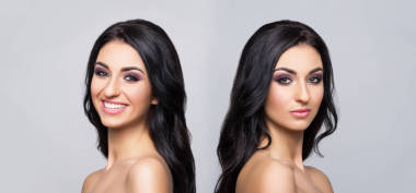 美麗、清新、健康的女性肖像。灰色背景下的雙胞胎。健康與美容理念