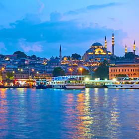 Fatih Birol district with Suleiman Mosque in Istanbul at night, Turkey