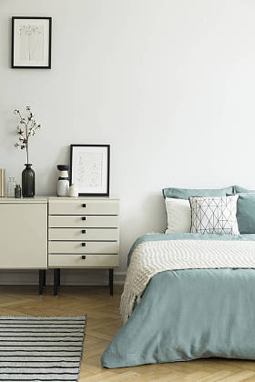 海报和内阁与植物在白色卧室内部与毯子在绿色床上。真实照片