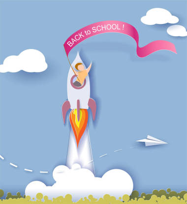 回到學(xué)校卡上。飛行的孩子在火箭