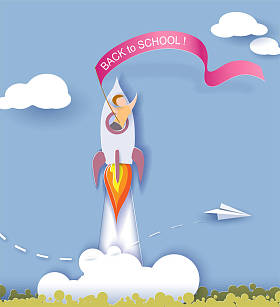 回到学校卡上。飞行的孩子在火箭