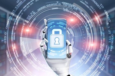 白色機器人手拿著一個掛鎖, 零和一個圓圈的藍屏幕智能手機。沉浸式界面。網(wǎng)絡安全和 Ai 的概念。色調(diào)圖像雙曝光