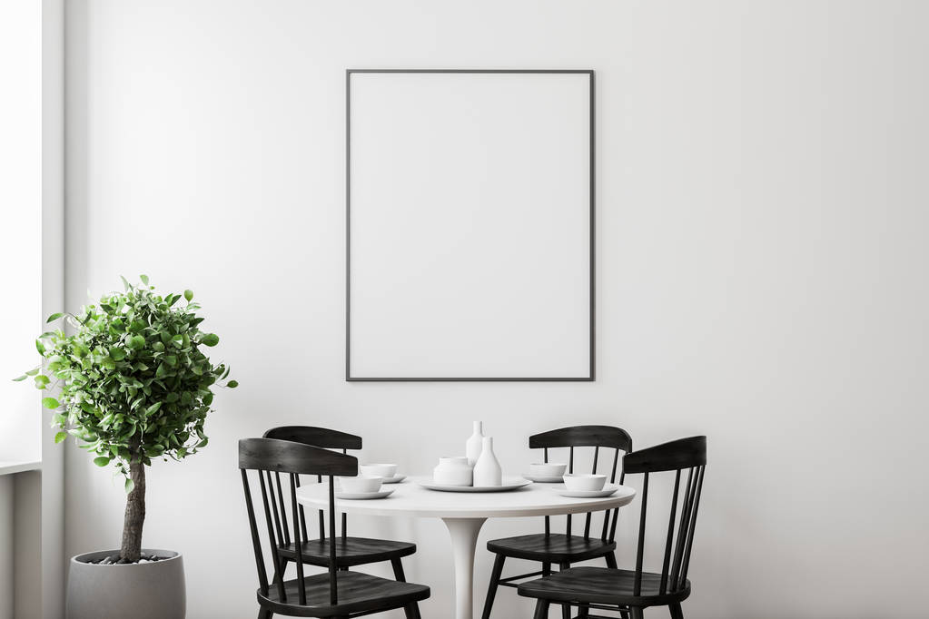现代餐厅内有白色的墙壁, 有一张带有黑色椅子的圆桌, 一棵盆栽树和一个垂直的模拟海报架。3d 渲染