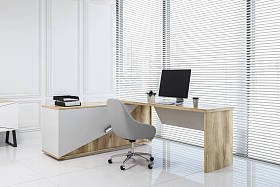 经理办公室的角落里有白色的墙壁, 高大的木制衣柜, 还有一张带白色椅子的电脑桌。全景窗口。3d 渲染模拟