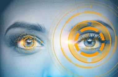 橙色的界面對年輕漂亮的女人灰色的眼睛。高精度圖像雙曝光模型的概念