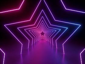 3d 渲染, 紫外霓虹星形, 发光线, 门, 隧道, 虚拟现实, 抽象时尚背景, 紫霓虹灯, 拱门, 粉红色蓝光谱鲜艳色彩, 激光显示