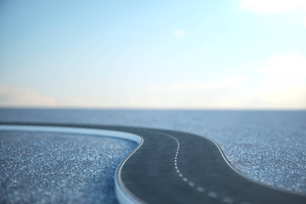 道路。旅游, 交通理念。沥青路除以一条。3d 插图