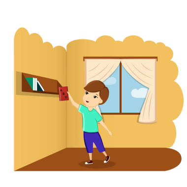 男孩與書在房間里, 例證, 載體。有書的孩子。開學(xué)第一天, 回到學(xué)校