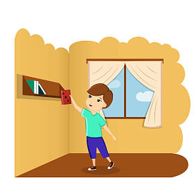 男孩与书在房间里, 例证, 载体。有书的孩子。开学第一天, 回到学校