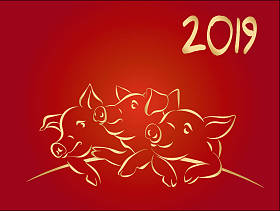 2019春节快乐的模板, 三只金猪在红色梯度背景, 手绘评分员插图。贺卡、横幅、海报、传单或请柬。复制文本的空间