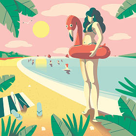 女子站在沙滩上, 火烈鸟充气环