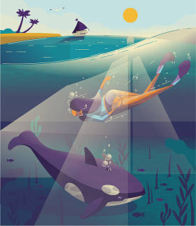 妇女潜水在热带海与