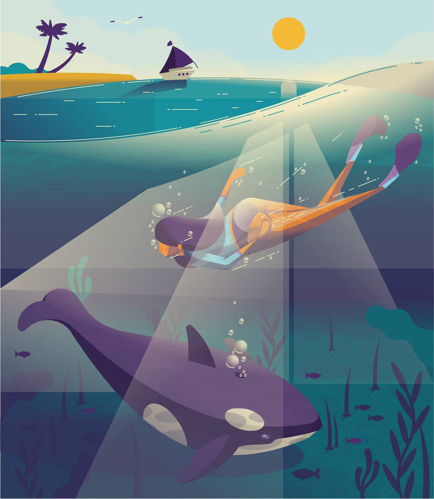 妇女潜水在热带海与