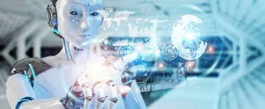 在模糊背景下使用數(shù)字?jǐn)?shù)據(jù)接口3d 渲染的白女人機器人