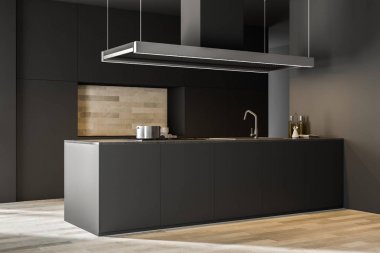 灰色墙壁厨房角落与木地板, 灰色壁橱和台面和一个海岛与水槽。3d 渲染模拟 灰色墙壁厨房角落与木地板, 灰色壁橱和台面和一个海岛与水槽。3d 渲染模拟